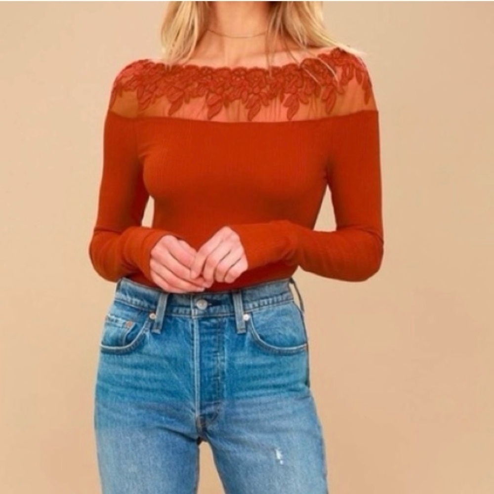Free People Red Ribbed Lace Off Shoulder Long Sleeve Top Size L